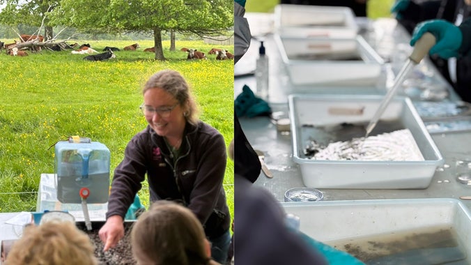 Two images side by side showing a female National Trust staff member delivering a talk to primary-aged pupils, with their backs to the camera, and a row of water trays lined up as part of an experiment on water quality
